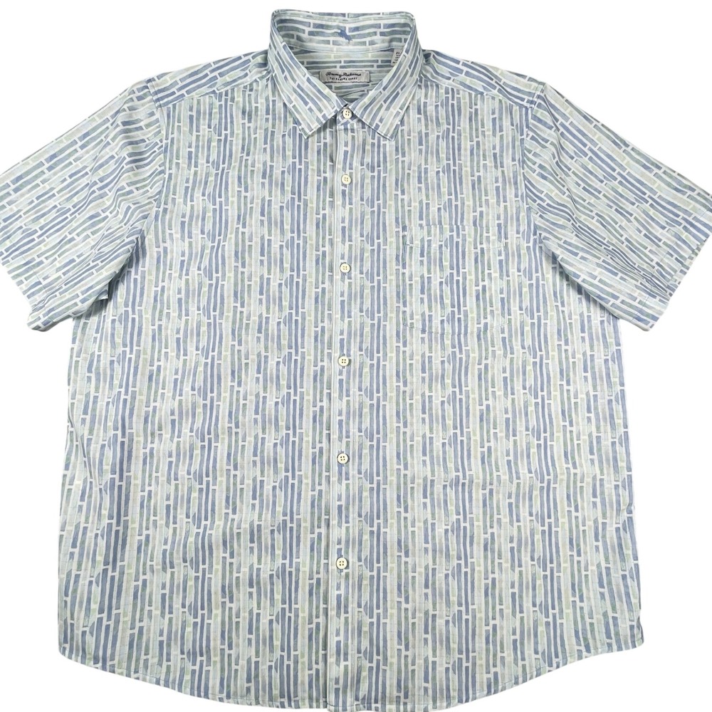 Tommy Bahama Shirt Mens XL Blue IslandZone Short Slv Geometric Stretch Coastal